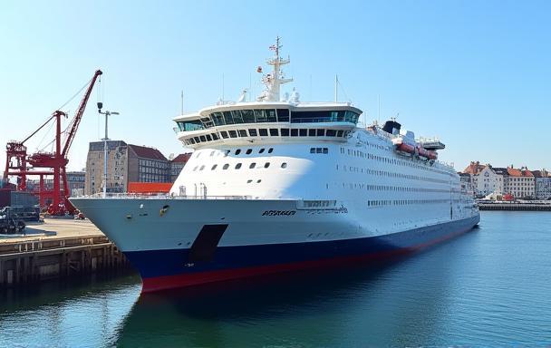 An Ostsee Fährbetrieb ferry docked at a port in Rostock, Germany.